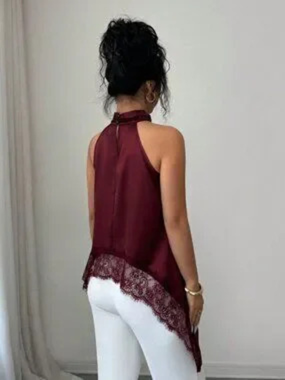 Burgundy Casual Women's Contrast Lace Elegant Halter Neck Blouse